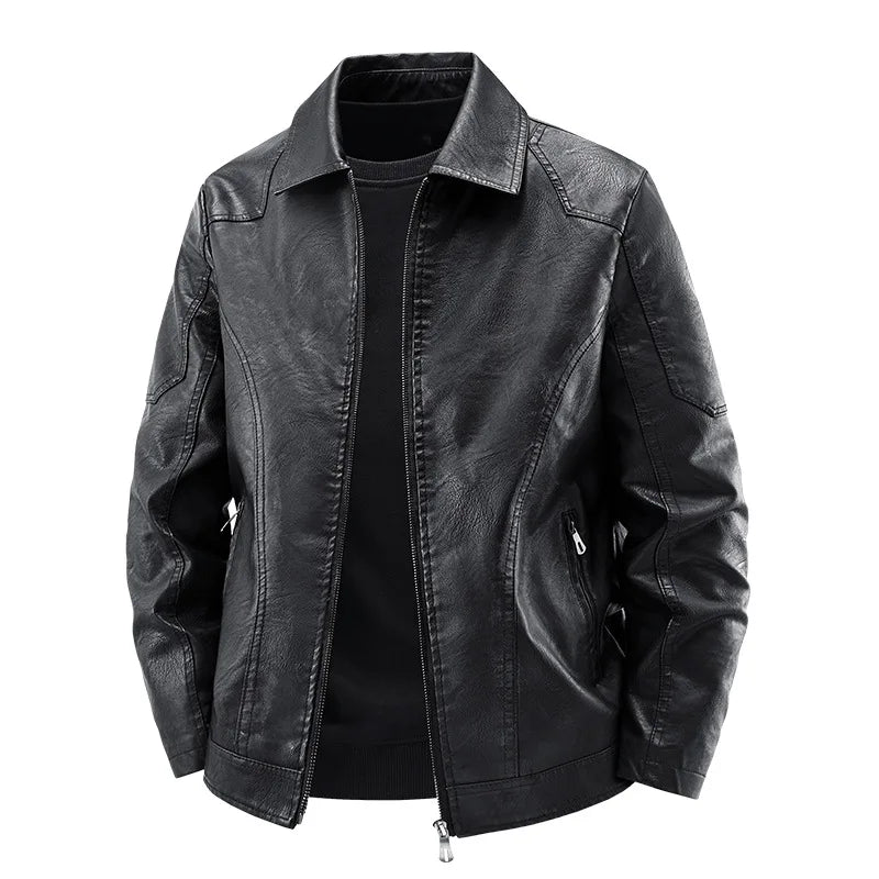 Men's Fashion Motorcycle Style Leather Jacket Autumn Winter Slim Fit Zipper Closure Casual Korean Large Size Coat Outerwear