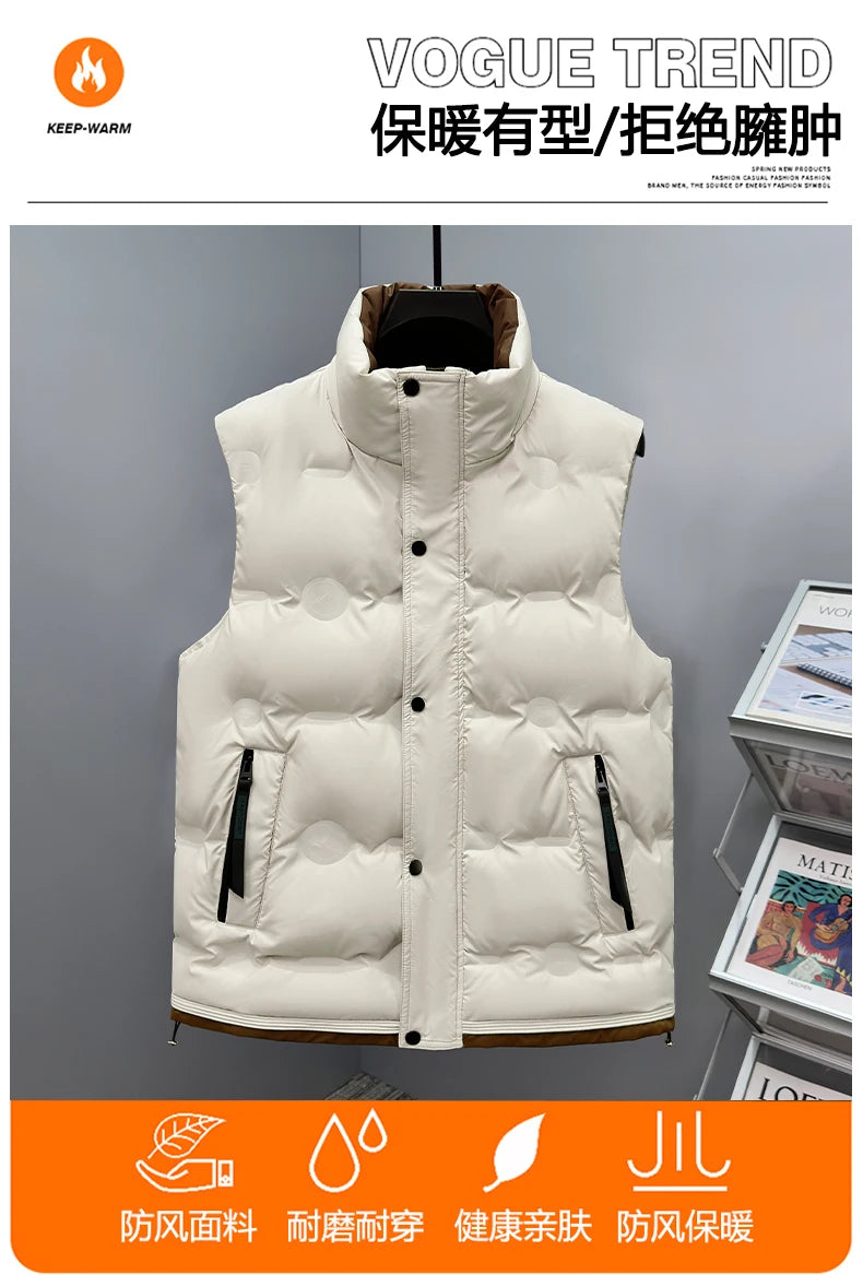 Autumn and Winter Men's Down Cotton Vest Men Windproof Warm Vest Jackets New Trend Fashion Zipper Hooded Solid Color Vest Coat