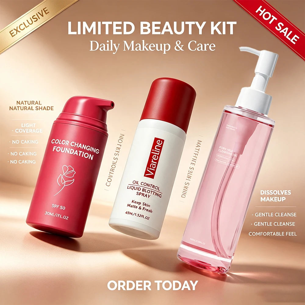 3-in-1 Makeup Kit Cleansing Oil Setting Spray Foundation Matte Long-Lasting Gentle Hydrating Natural Finish Daily Set