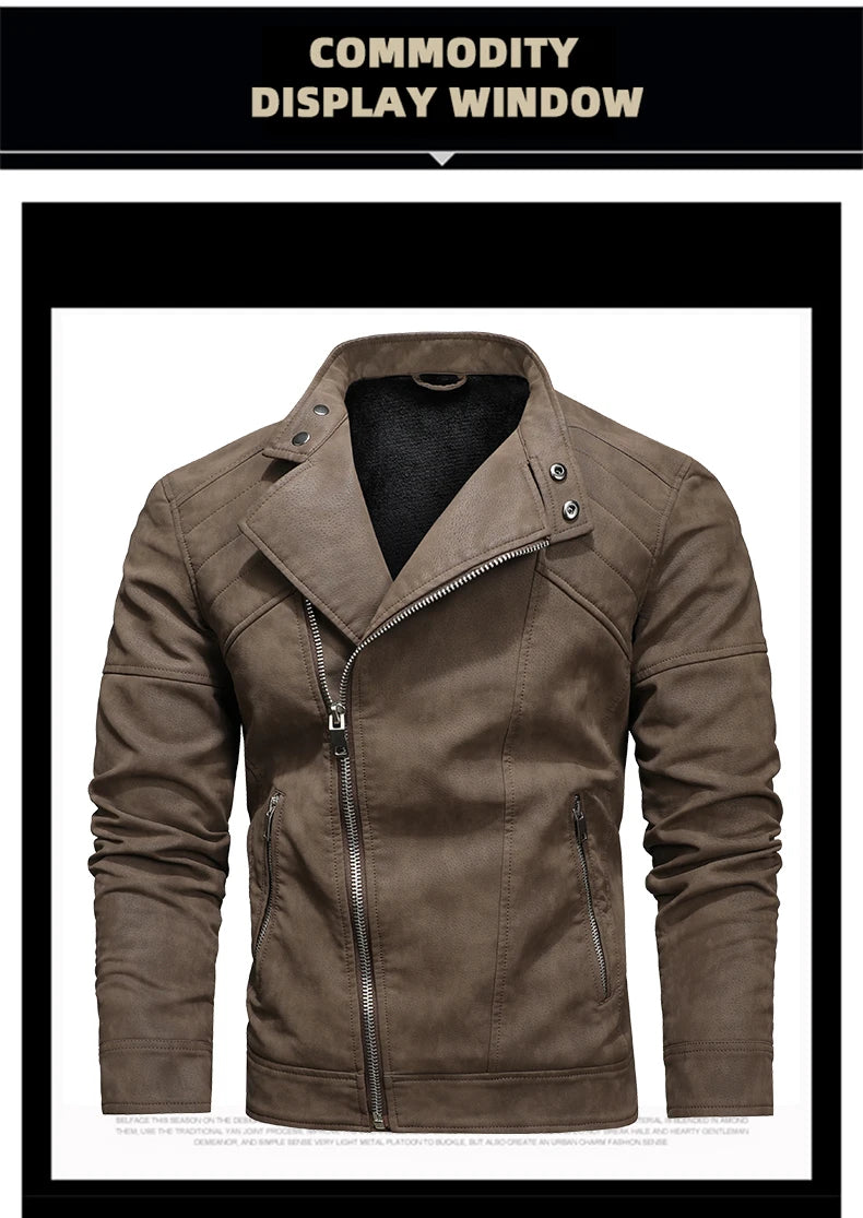 Men's PU Leather Jacket with Fleece Large Lapel Diagonal Front Zip Stand-Up Collar Autumn Winter Warm Casual Coat
