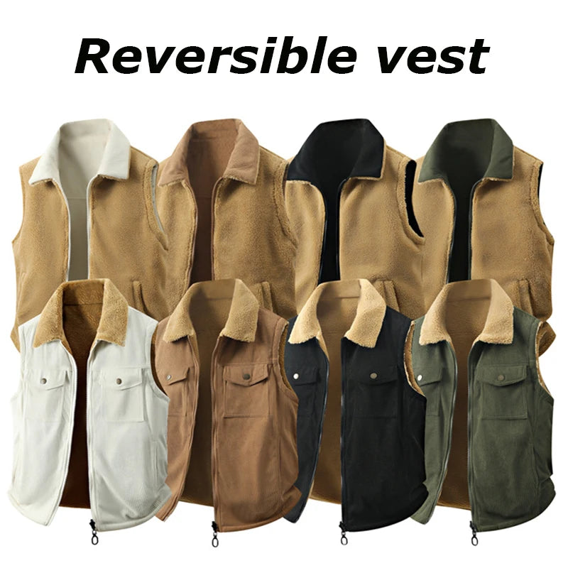 Winter New Men Fleece Warm Vest Men Thick Windproof Corduroy Waistcoats Autumn Outdoor Casual High Quality Sleeveless Vest Male