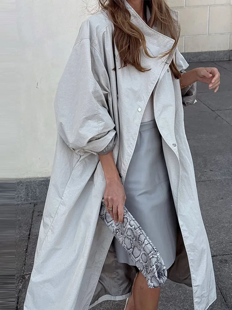 Women Oversized Stand Collar Trench Coat Loose Snap Button Full Sleeve Long Windbreaker 2026 Autumn New Lady Casual Outfits