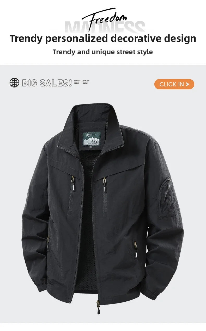 Spring Autumn Men's Jacket Thin Outdoor Fishing Travel Loose Casual Stand Collar Coat Versatile Trendy Large Size Polyester F...