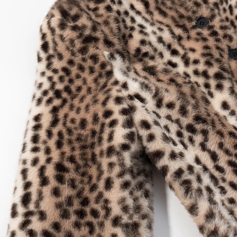 Retro Leopard Faux Fur Short Coat Lady Chic O-neck Single Button Placket Spotted Dot Cropped Long Sleeve Outerwear Street Jacket