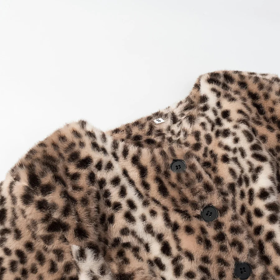 Retro Leopard Faux Fur Short Coat Lady Chic O-neck Single Button Placket Spotted Dot Cropped Long Sleeve Outerwear Street Jacket