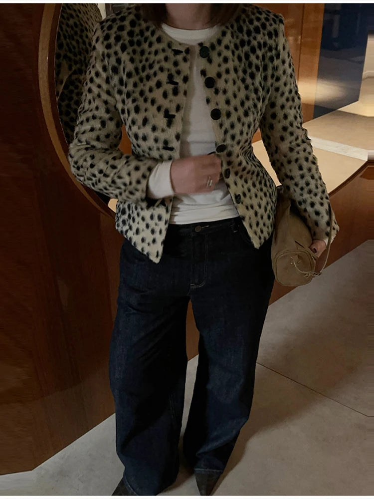 Retro Leopard Faux Fur Short Coat Lady Chic O-neck Single Button Placket Spotted Dot Cropped Long Sleeve Outerwear Street Jacket