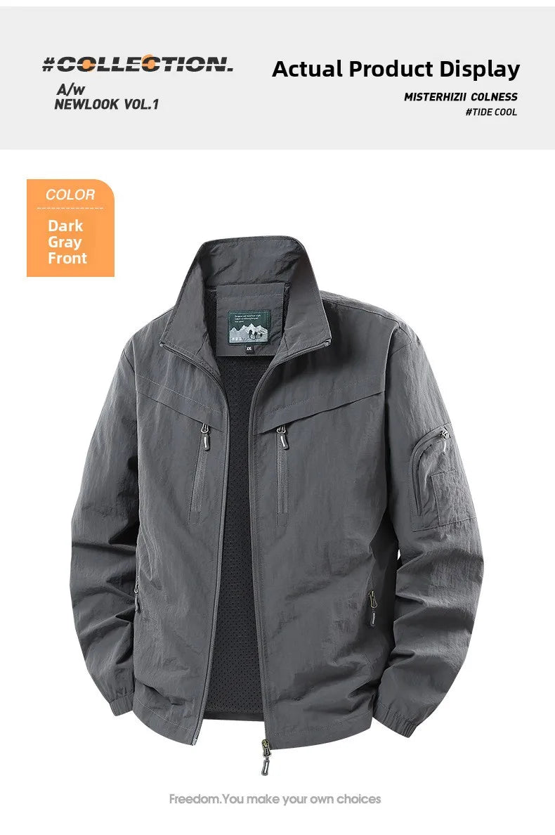 Spring Autumn Men's Jacket Thin Outdoor Fishing Travel Loose Casual Stand Collar Coat Versatile Trendy Large Size Polyester F...