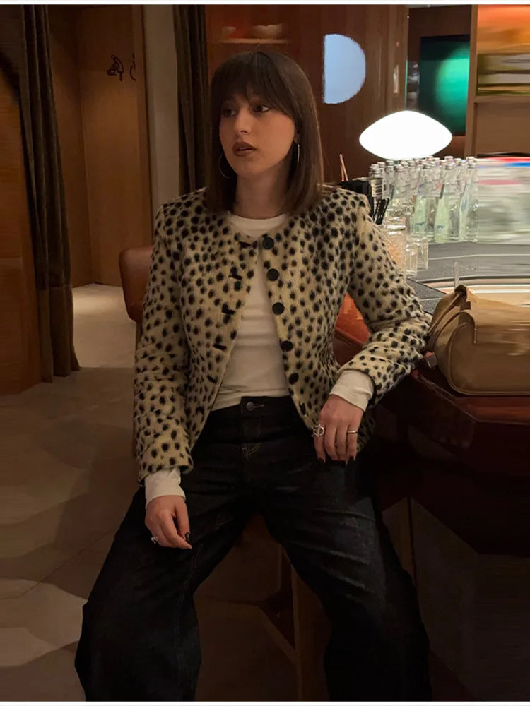 Retro Leopard Faux Fur Short Coat Lady Chic O-neck Single Button Placket Spotted Dot Cropped Long Sleeve Outerwear Street Jacket