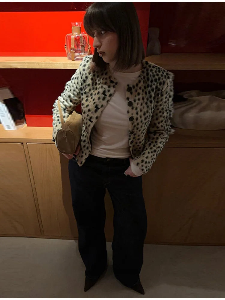 Retro Leopard Faux Fur Short Coat Lady Chic O-neck Single Button Placket Spotted Dot Cropped Long Sleeve Outerwear Street Jacket