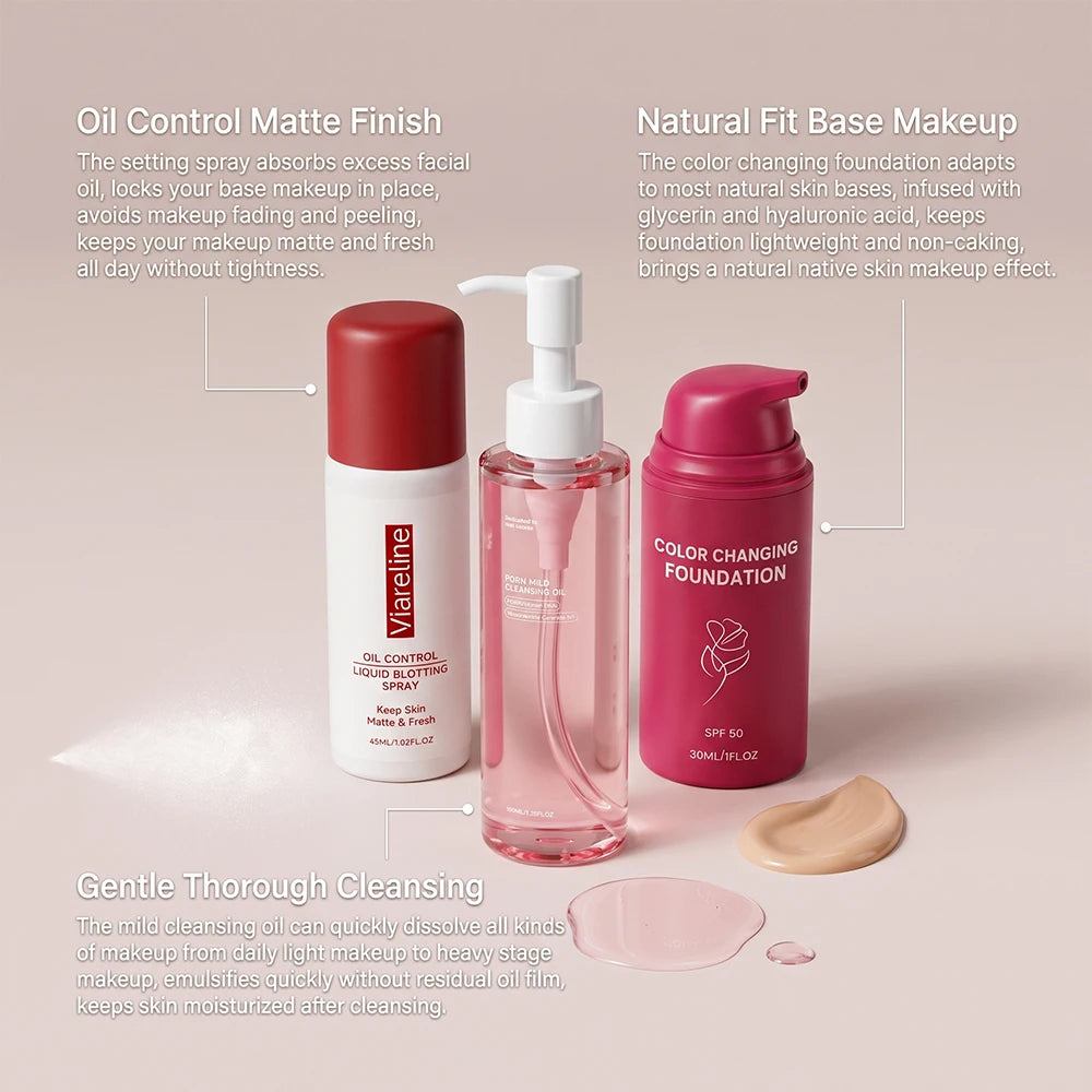 3-in-1 Makeup Kit Cleansing Oil Setting Spray Foundation Matte Long-Lasting Gentle Hydrating Natural Finish Daily Set