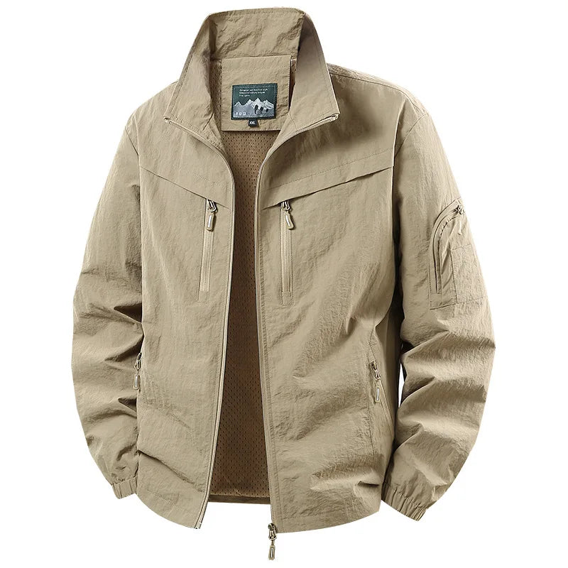 Spring Autumn Men's Jacket Thin Outdoor Fishing Travel Loose Casual Stand Collar Coat Versatile Trendy Large Size Polyester F...