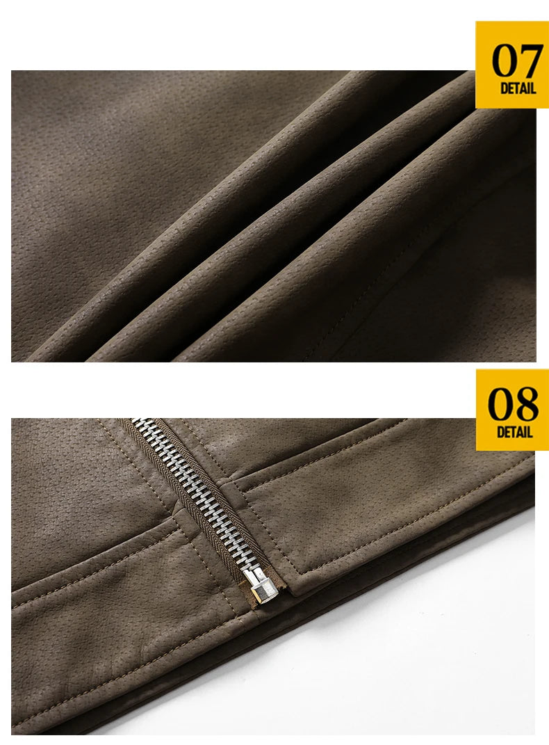 Men's PU Leather Jacket with Fleece Large Lapel Diagonal Front Zip Stand-Up Collar Autumn Winter Warm Casual Coat