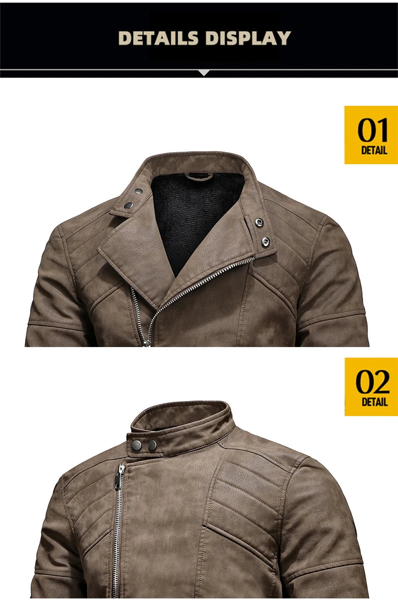 Men's PU Leather Jacket with Fleece Large Lapel Diagonal Front Zip Stand-Up Collar Autumn Winter Warm Casual Coat