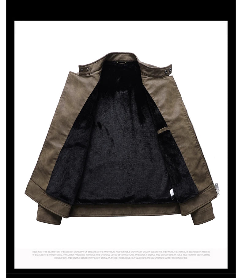 Men's PU Leather Jacket with Fleece Large Lapel Diagonal Front Zip Stand-Up Collar Autumn Winter Warm Casual Coat
