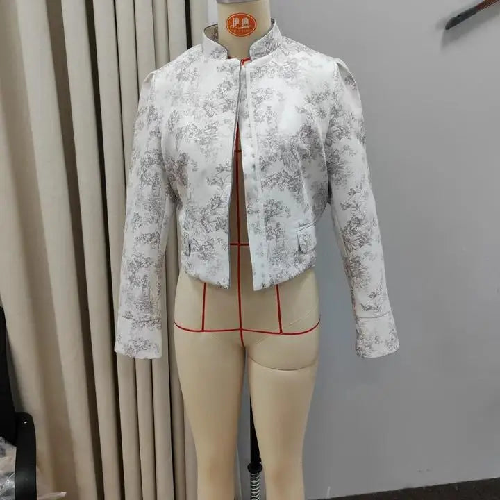 Printed Stand Collar Cropped Jacket Women Slim Open Front Short Coat2026 Autumn Long Sleeve Elegant Office Daily Commuter Outwea