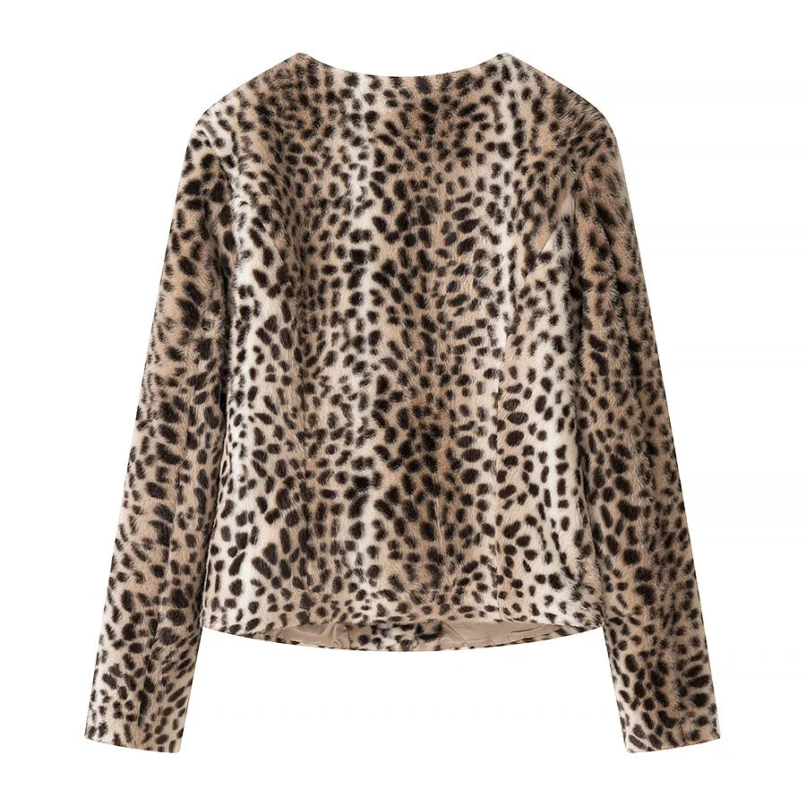 Retro Leopard Faux Fur Short Coat Lady Chic O-neck Single Button Placket Spotted Dot Cropped Long Sleeve Outerwear Street Jacket