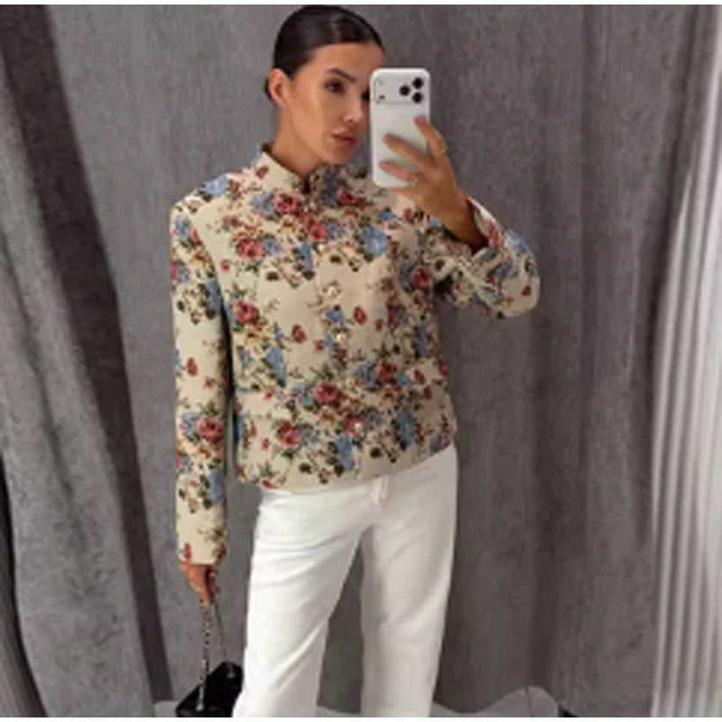 Printed Stand Collar Cropped Jacket Women Slim Open Front Short Coat2026 Autumn Long Sleeve Elegant Office Daily Commuter Outwea
