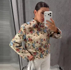 Printed Stand Collar Cropped Jacket Women Slim Open Front Short Coat2026 Autumn Long Sleeve Elegant Office Daily Commuter Outwea