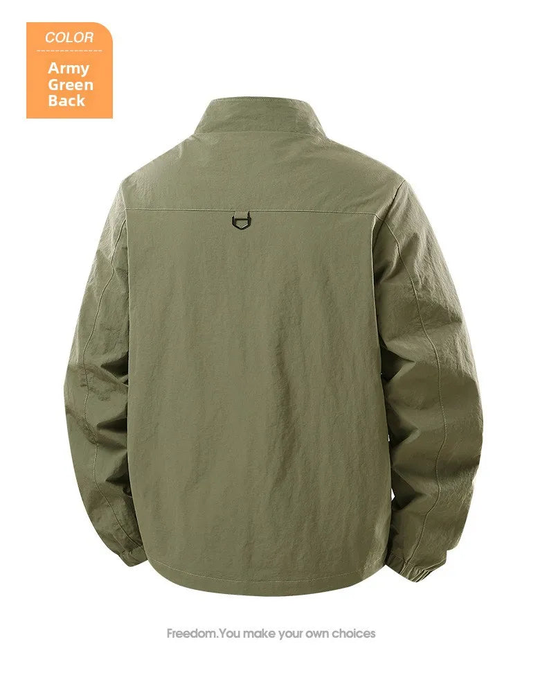 Spring Autumn Men's Jacket Thin Outdoor Fishing Travel Loose Casual Stand Collar Coat Versatile Trendy Large Size Polyester F...