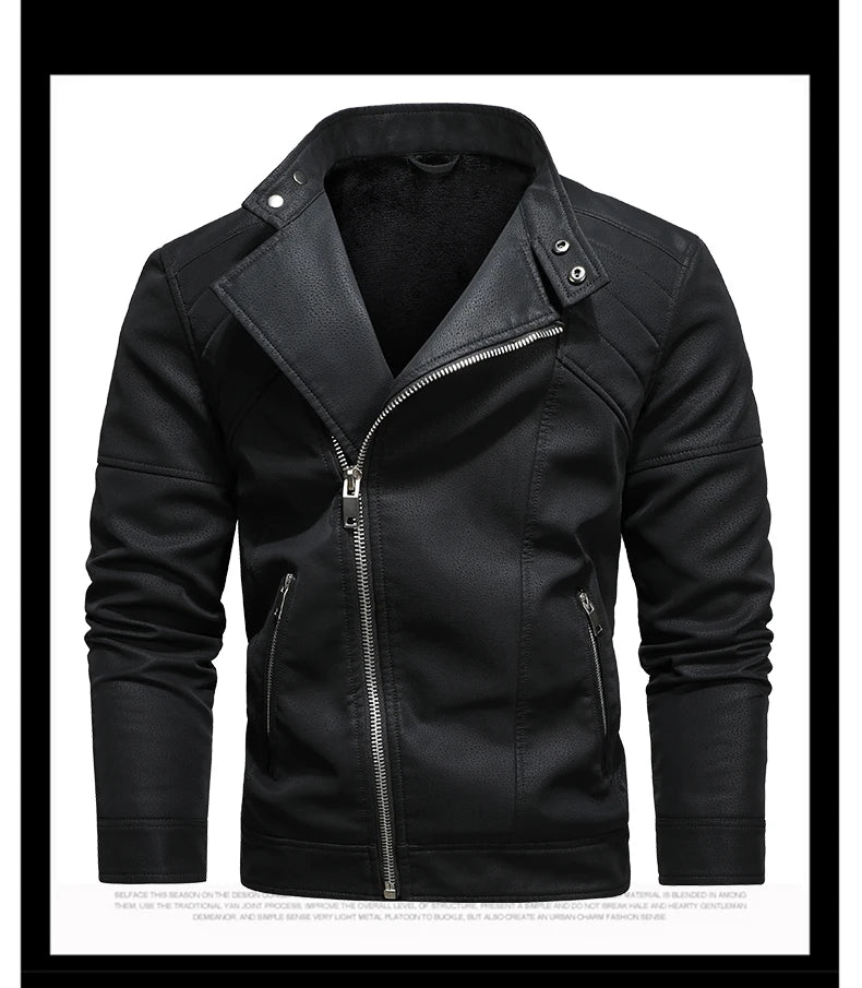 Men's PU Leather Jacket with Fleece Large Lapel Diagonal Front Zip Stand-Up Collar Autumn Winter Warm Casual Coat