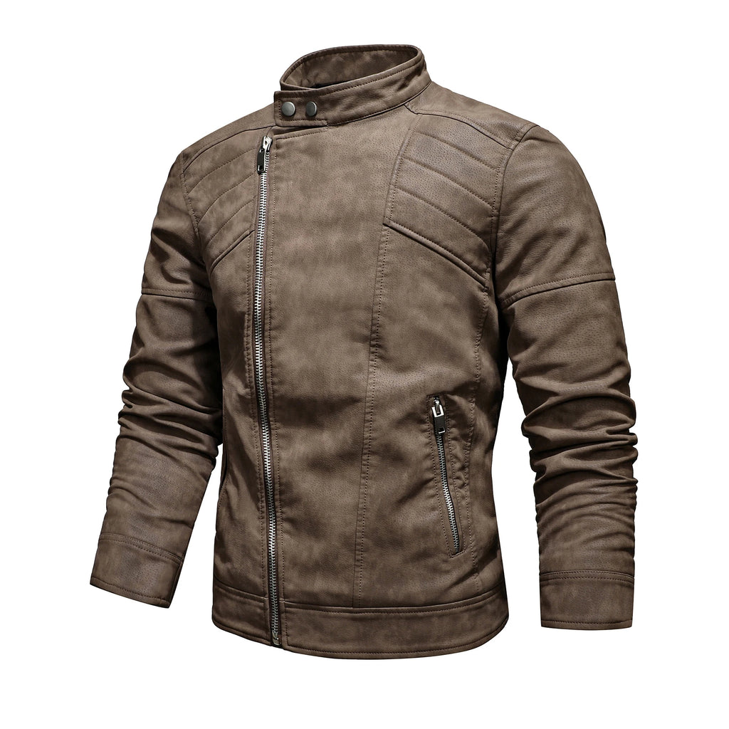 Men's PU Leather Jacket with Fleece Large Lapel Diagonal Front Zip Stand-Up Collar Autumn Winter Warm Casual Coat