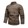 Men's PU Leather Jacket with Fleece Large Lapel Diagonal Front Zip Stand-Up Collar Autumn Winter Warm Casual Coat
