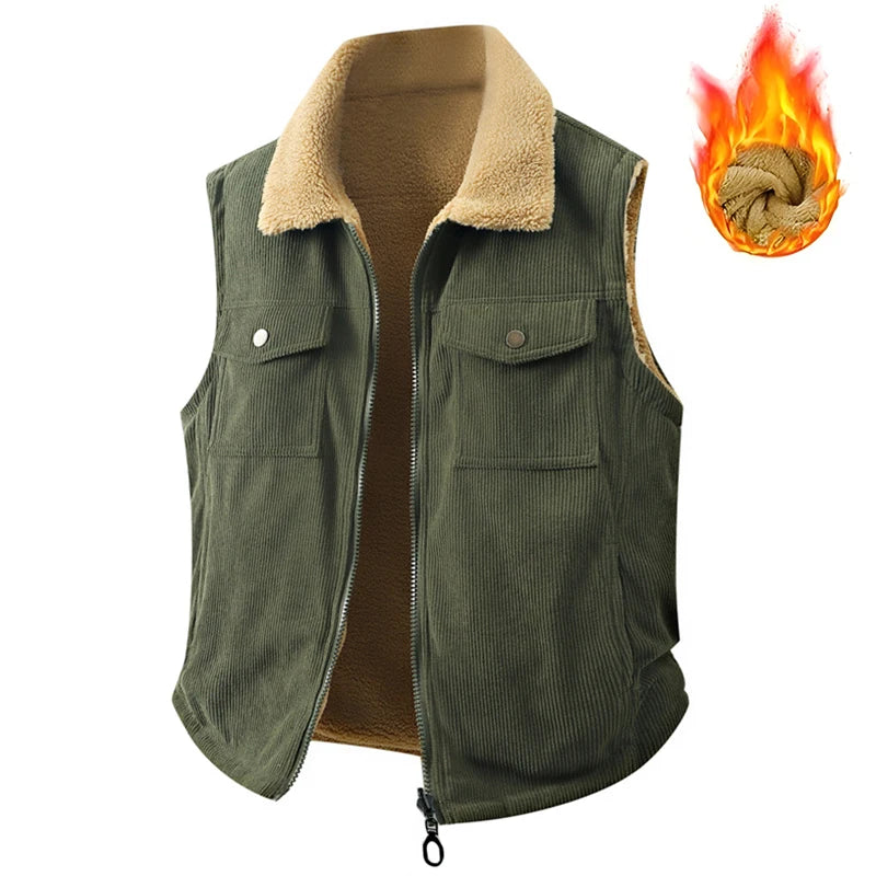 Winter New Men Fleece Warm Vest Men Thick Windproof Corduroy Waistcoats Autumn Outdoor Casual High Quality Sleeveless Vest Male