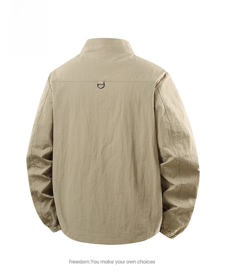 Spring Autumn Men's Jacket Thin Outdoor Fishing Travel Loose Casual Stand Collar Coat Versatile Trendy Large Size Polyester F...