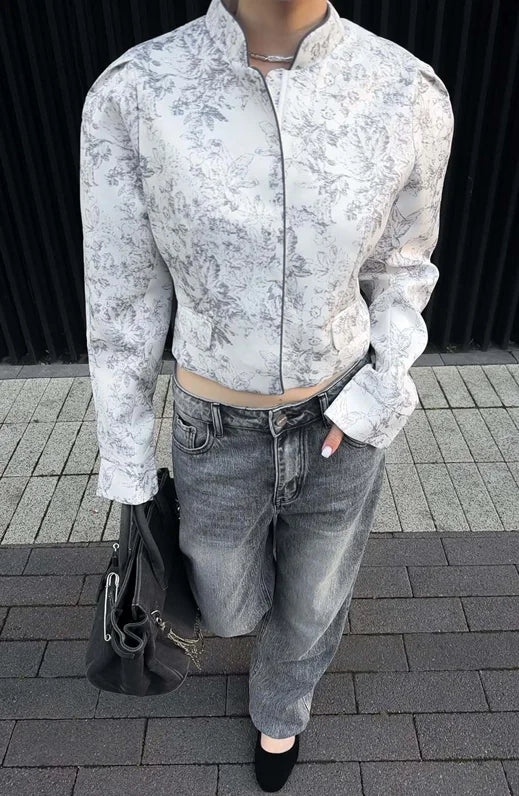 Printed Stand Collar Cropped Jacket Women Slim Open Front Short Coat2026 Autumn Long Sleeve Elegant Office Daily Commuter Outwea