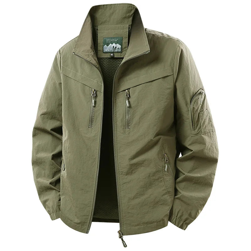 Spring Autumn Men's Jacket Thin Outdoor Fishing Travel Loose Casual Stand Collar Coat Versatile Trendy Large Size Polyester F...