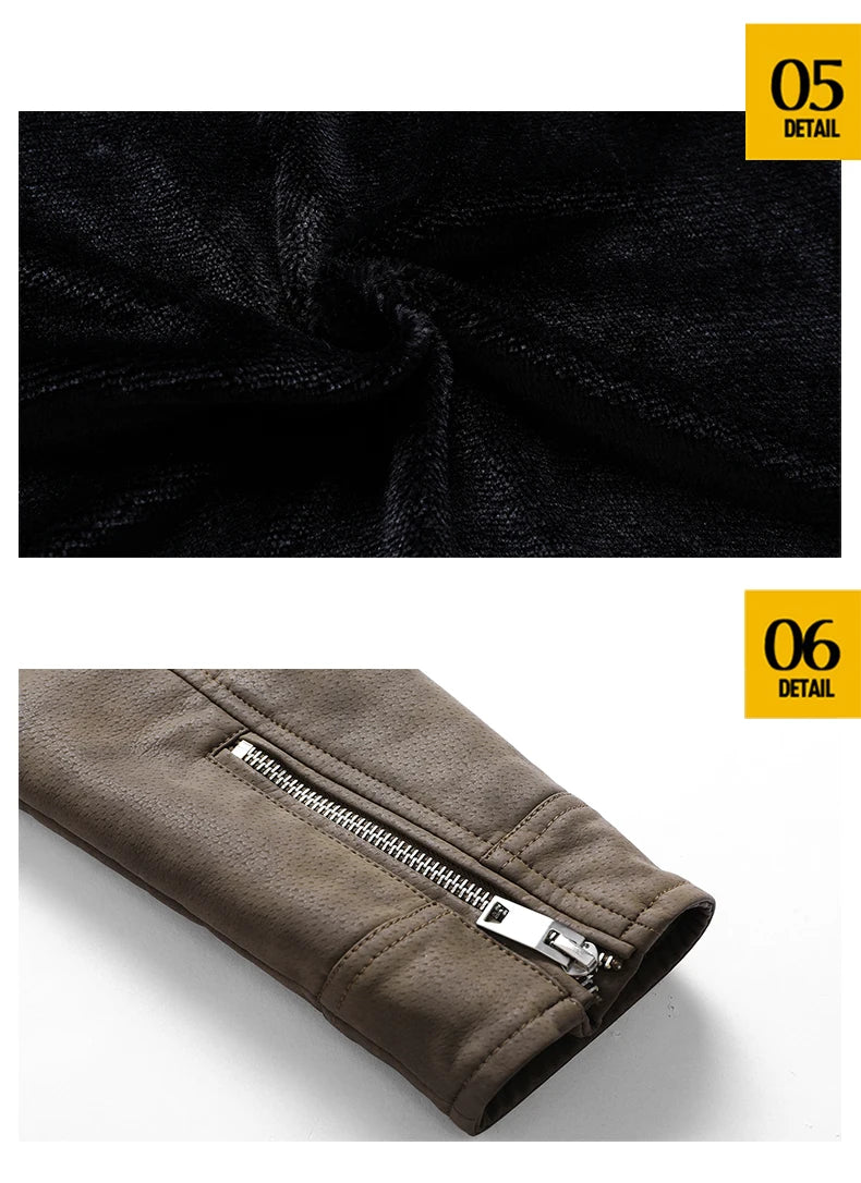 Men's PU Leather Jacket with Fleece Large Lapel Diagonal Front Zip Stand-Up Collar Autumn Winter Warm Casual Coat