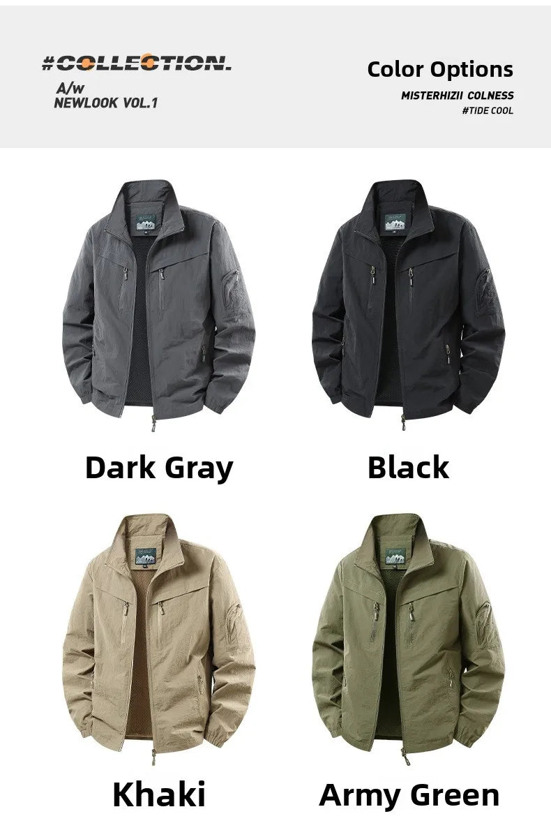 Spring Autumn Men's Jacket Thin Outdoor Fishing Travel Loose Casual Stand Collar Coat Versatile Trendy Large Size Polyester F...