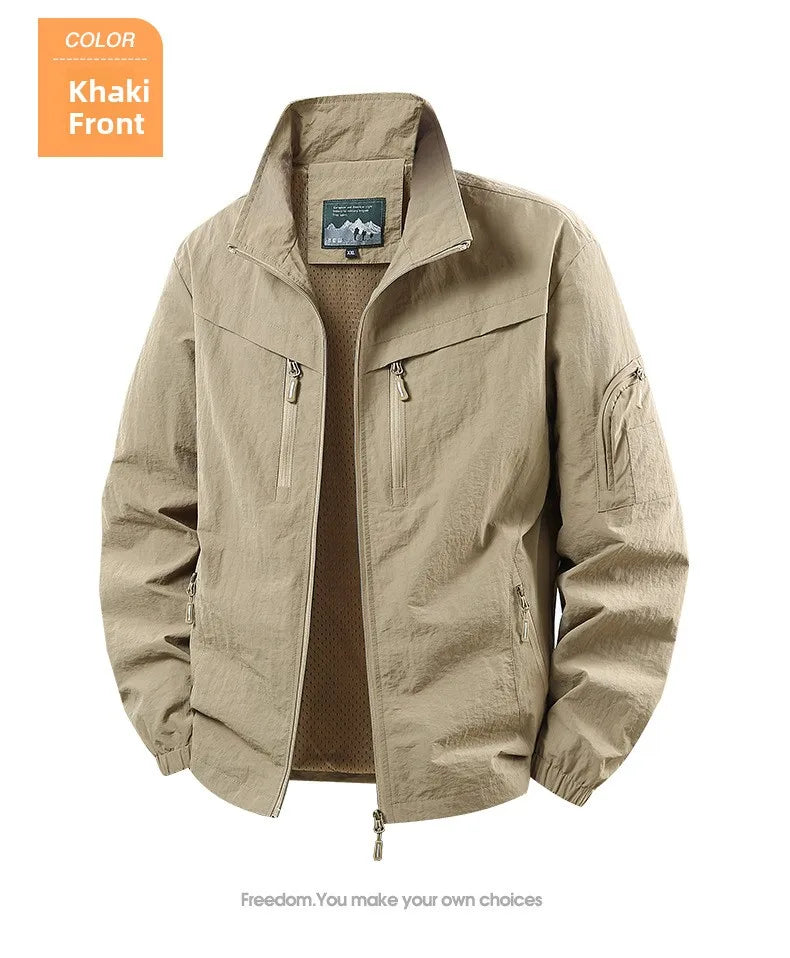 Spring Autumn Men's Jacket Thin Outdoor Fishing Travel Loose Casual Stand Collar Coat Versatile Trendy Large Size Polyester F...