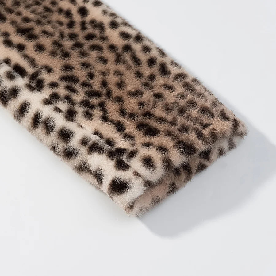 Retro Leopard Faux Fur Short Coat Lady Chic O-neck Single Button Placket Spotted Dot Cropped Long Sleeve Outerwear Street Jacket