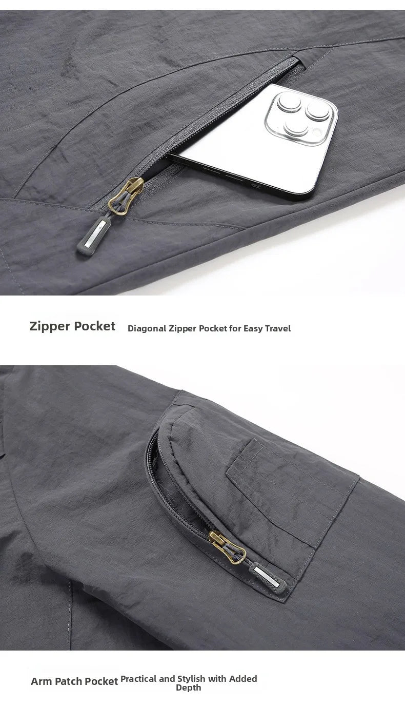 Spring Autumn Men's Jacket Thin Outdoor Fishing Travel Loose Casual Stand Collar Coat Versatile Trendy Large Size Polyester F...