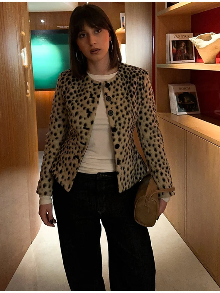 Retro Leopard Faux Fur Short Coat Lady Chic O-neck Single Button Placket Spotted Dot Cropped Long Sleeve Outerwear Street Jacket
