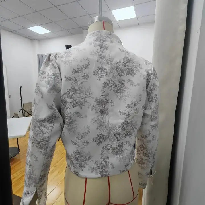 Printed Stand Collar Cropped Jacket Women Slim Open Front Short Coat2026 Autumn Long Sleeve Elegant Office Daily Commuter Outwea