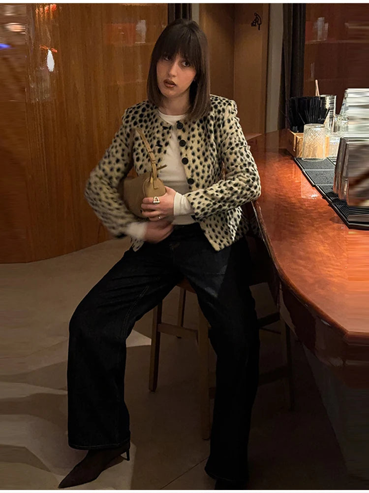 Retro Leopard Faux Fur Short Coat Lady Chic O-neck Single Button Placket Spotted Dot Cropped Long Sleeve Outerwear Street Jacket