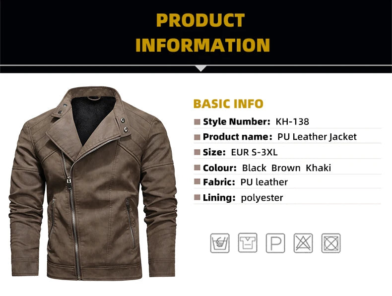 Men's PU Leather Jacket with Fleece Large Lapel Diagonal Front Zip Stand-Up Collar Autumn Winter Warm Casual Coat
