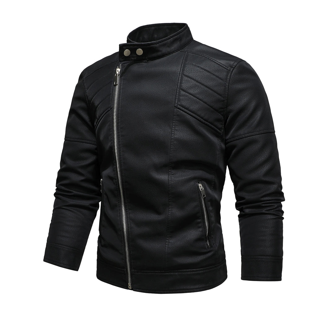 Men's PU Leather Jacket with Fleece Large Lapel Diagonal Front Zip Stand-Up Collar Autumn Winter Warm Casual Coat