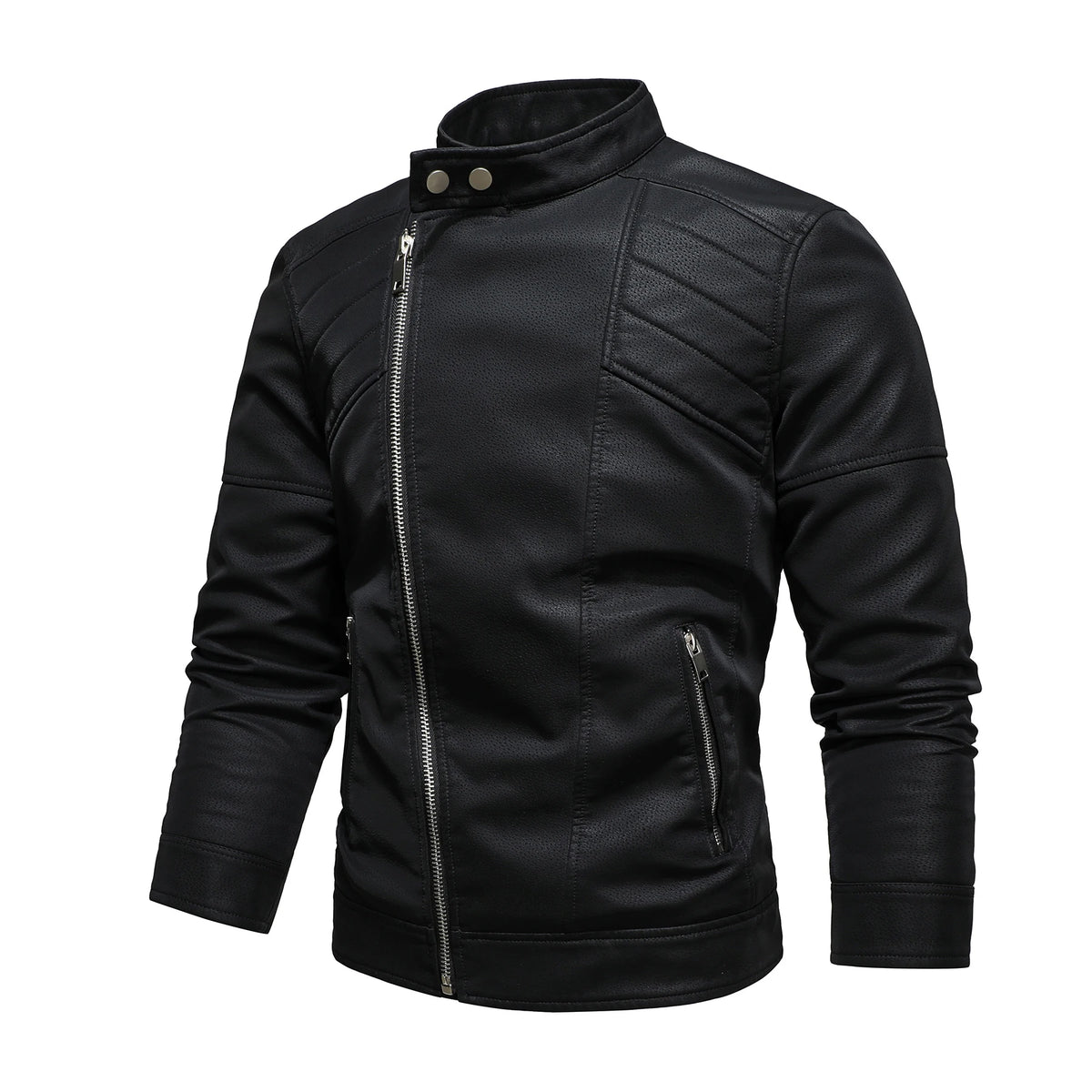 Men's PU Leather Jacket with Fleece Large Lapel Diagonal Front Zip Stand-Up Collar Autumn Winter Warm Casual Coat
