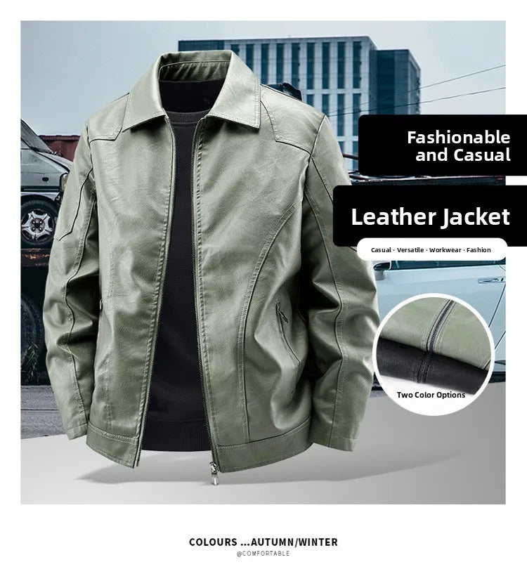 Men's Fashion Motorcycle Style Leather Jacket Autumn Winter Slim Fit Zipper Closure Casual Korean Large Size Coat Outerwear