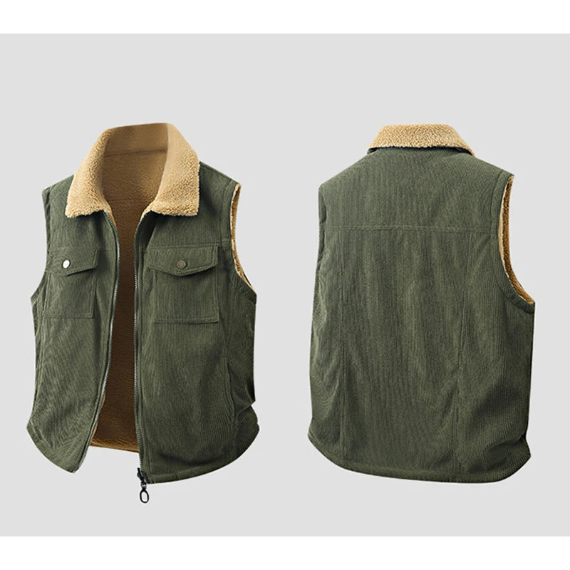 Winter New Men Fleece Warm Vest Men Thick Windproof Corduroy Waistcoats Autumn Outdoor Casual High Quality Sleeveless Vest Male