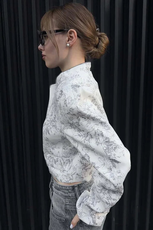 Printed Stand Collar Cropped Jacket Women Slim Open Front Short Coat2026 Autumn Long Sleeve Elegant Office Daily Commuter Outwea