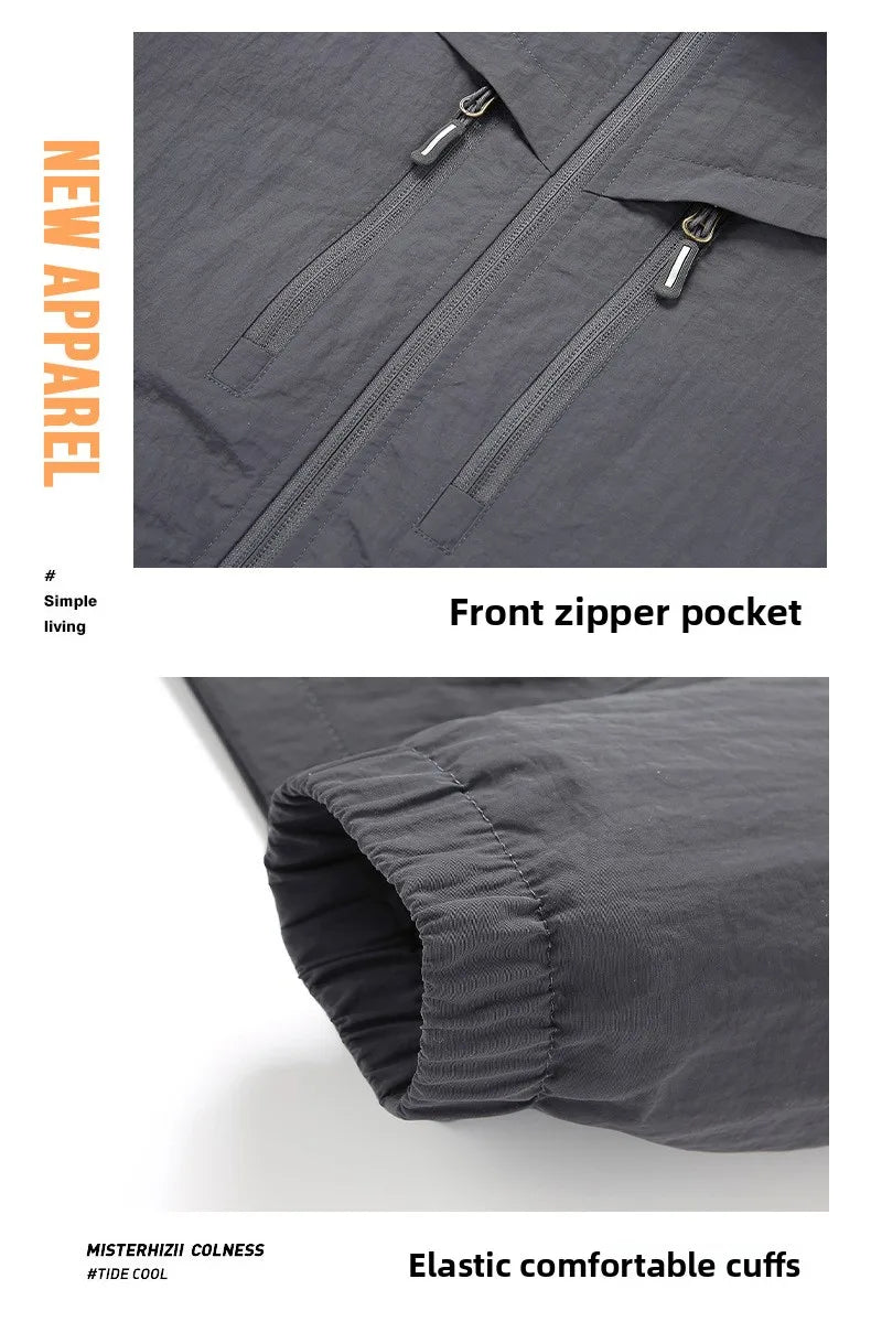Spring Autumn Men's Jacket Thin Outdoor Fishing Travel Loose Casual Stand Collar Coat Versatile Trendy Large Size Polyester F...