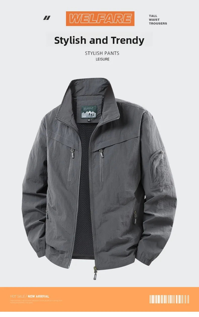 Spring Autumn Men's Jacket Thin Outdoor Fishing Travel Loose Casual Stand Collar Coat Versatile Trendy Large Size Polyester F...