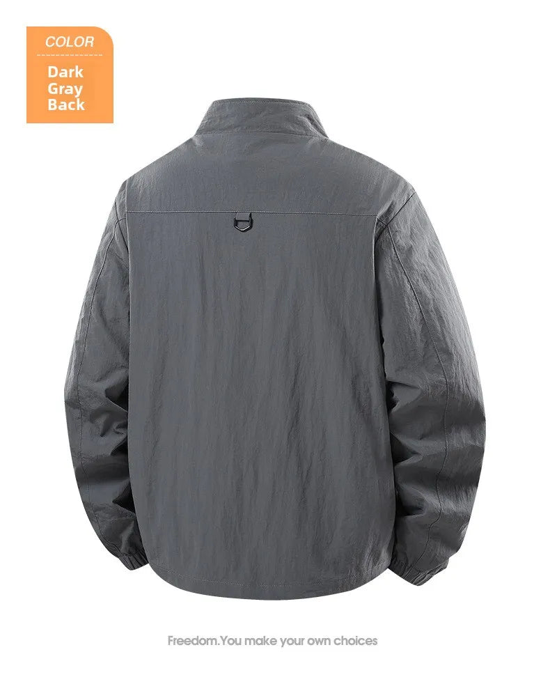 Spring Autumn Men's Jacket Thin Outdoor Fishing Travel Loose Casual Stand Collar Coat Versatile Trendy Large Size Polyester F...