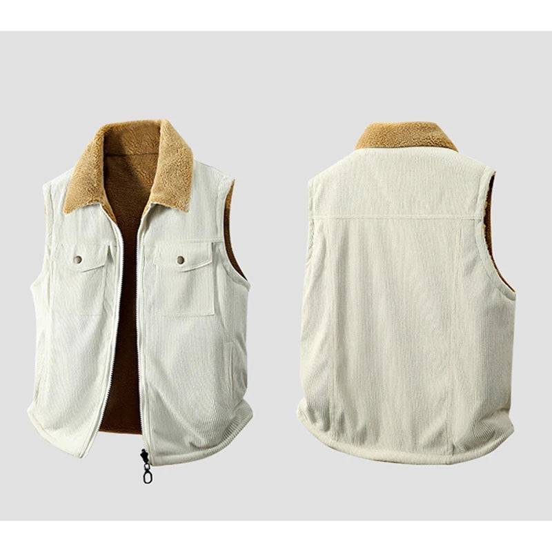 Winter New Men Fleece Warm Vest Men Thick Windproof Corduroy Waistcoats Autumn Outdoor Casual High Quality Sleeveless Vest Male