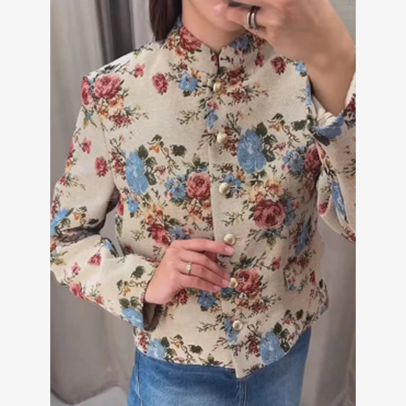 Printed Stand Collar Cropped Jacket Women Slim Open Front Short Coat2026 Autumn Long Sleeve Elegant Office Daily Commuter Outwea